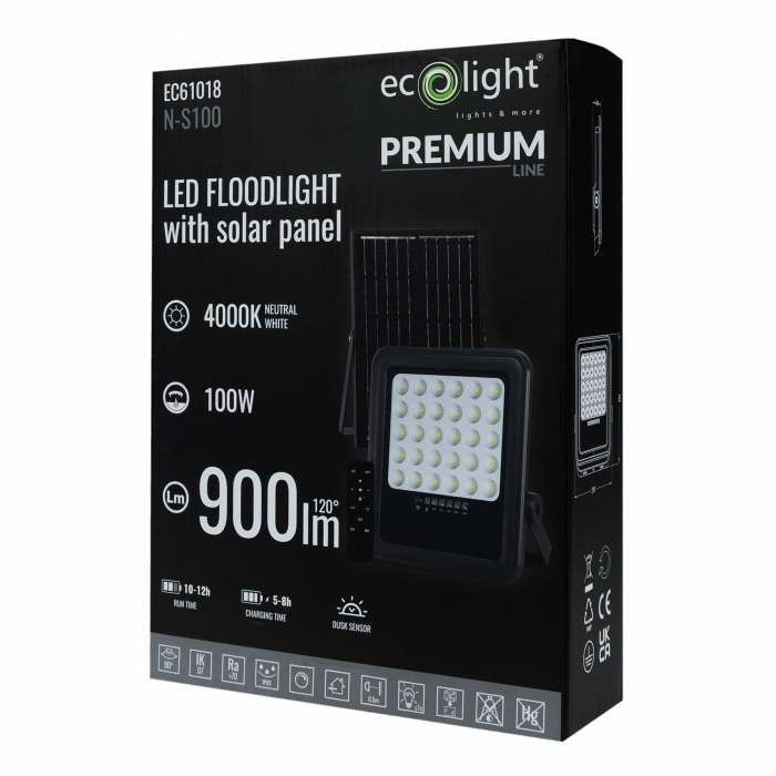 Faro LED solare 100W 4000K telecomando sensore IP65