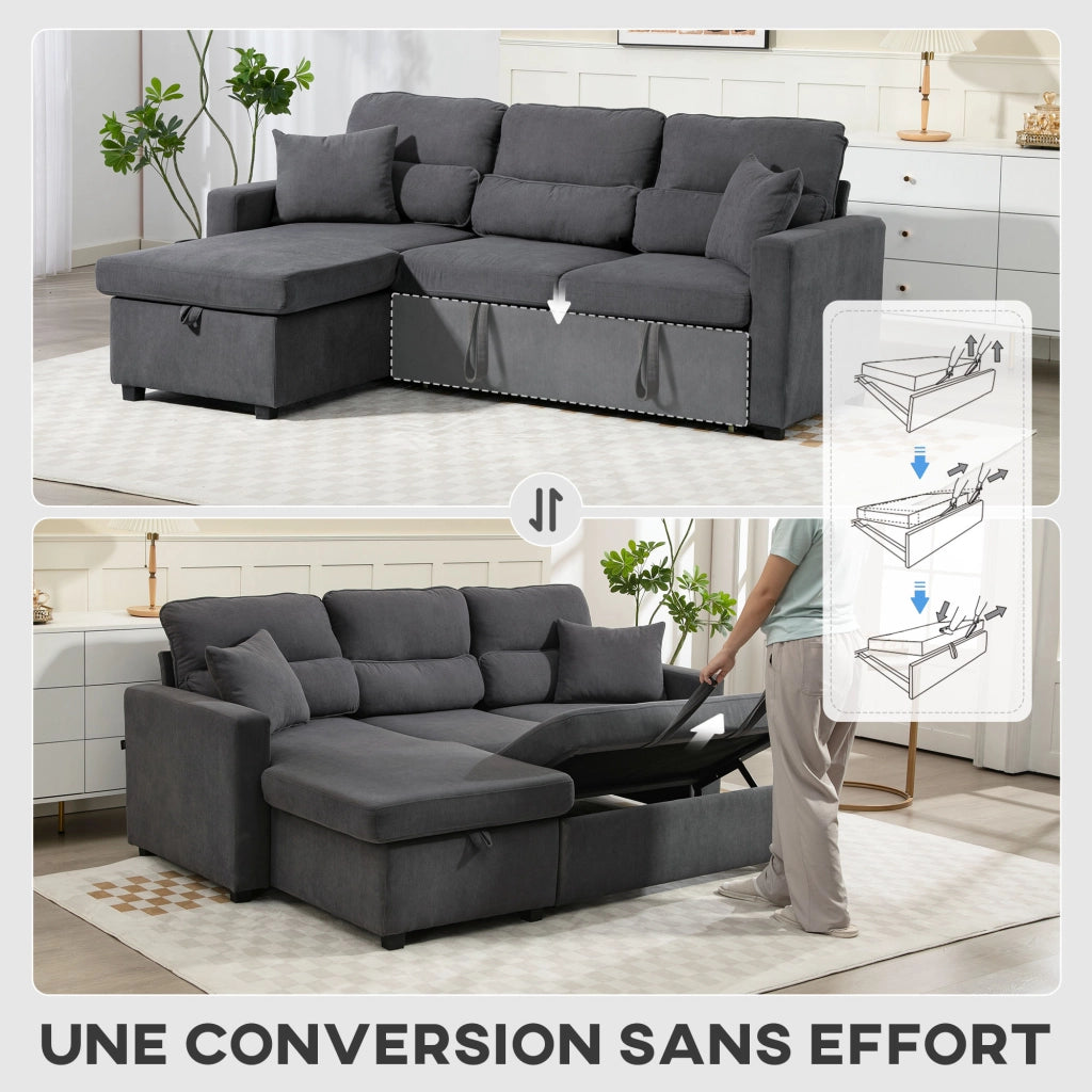 Divano letto angolare in velluto con contenitore e cuscini ¨C Minimal ¨C Grigio 205x135x76 cm