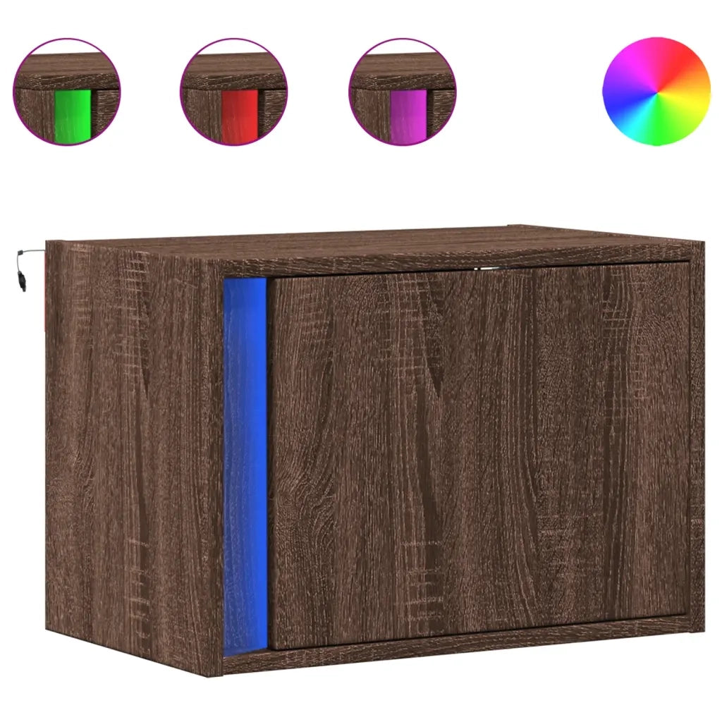 Comodino | Armadio da Notte | Mobiletto da notte a Parete con luci LED Rovere Marrone