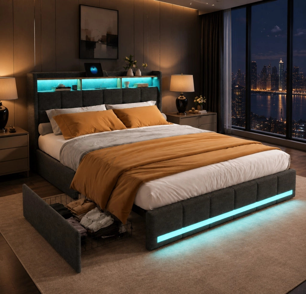 Letto matrimoniale imbottito 140x190 cm con 4 cassetti ; letto Contenitore con LED e USB; letto funzionale letto adulti ;Lino Grigio Scuro