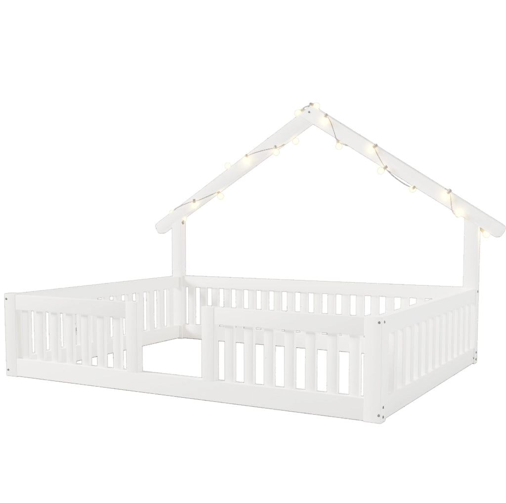 Letto casa in legno bianco 140x200 cm con protezione anticaduta e luci LED