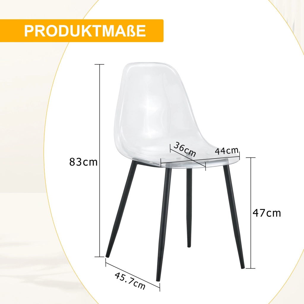Set di 4 sedie da pranzo in plastica trasparente; 83 cm; design ergonomico con gambe in metallo nero