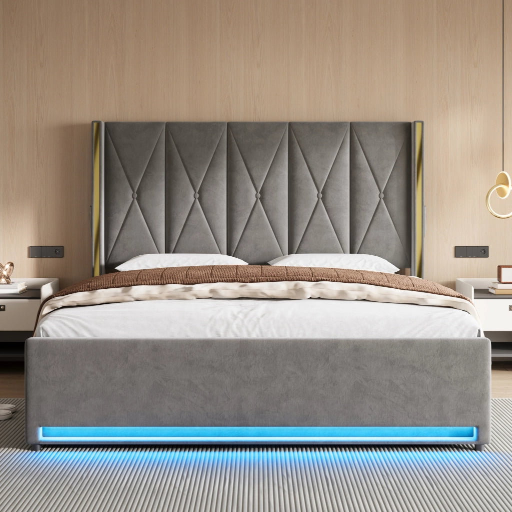Letto matrimoniale contenitore 180x200 cm in velluto grigio scuro con testiera alta, USB, Type-C e LED
