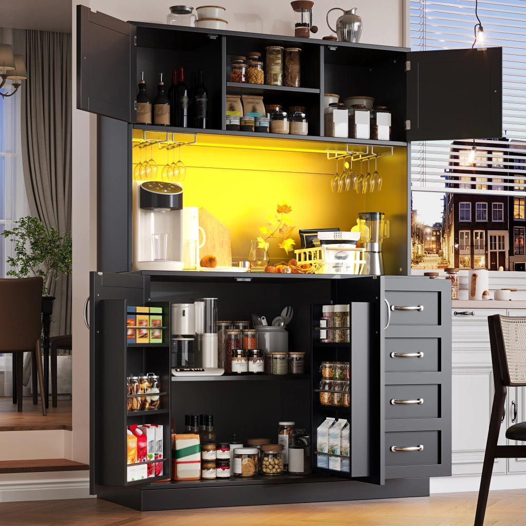 Credenza con illuminazione LED controllabile tramite app; 4 ante e portabevande in MDF nero 120 × 40 × 188 cm