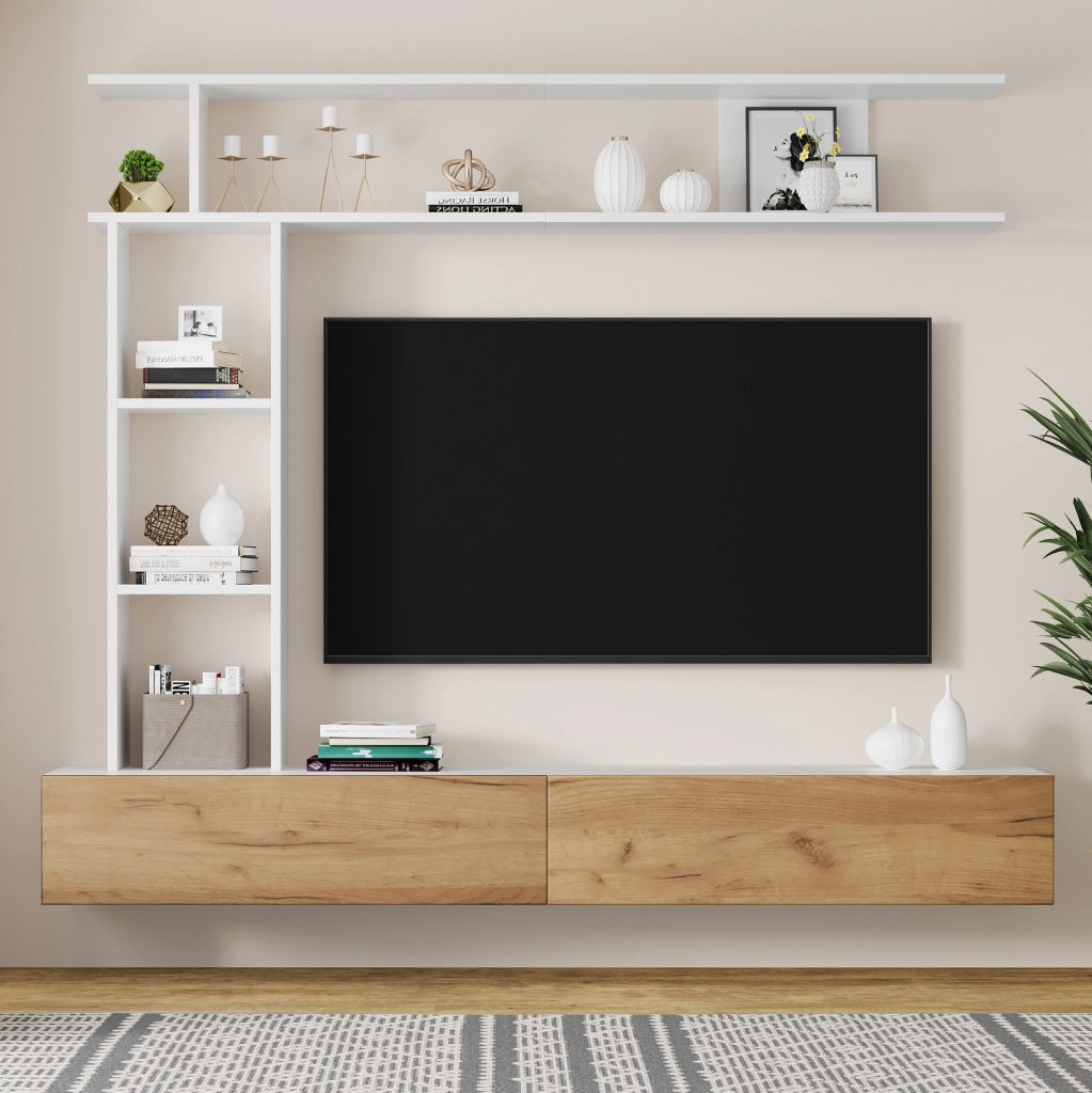 Mobile porta TV modulare con pensile e ripiani, bianco e legno