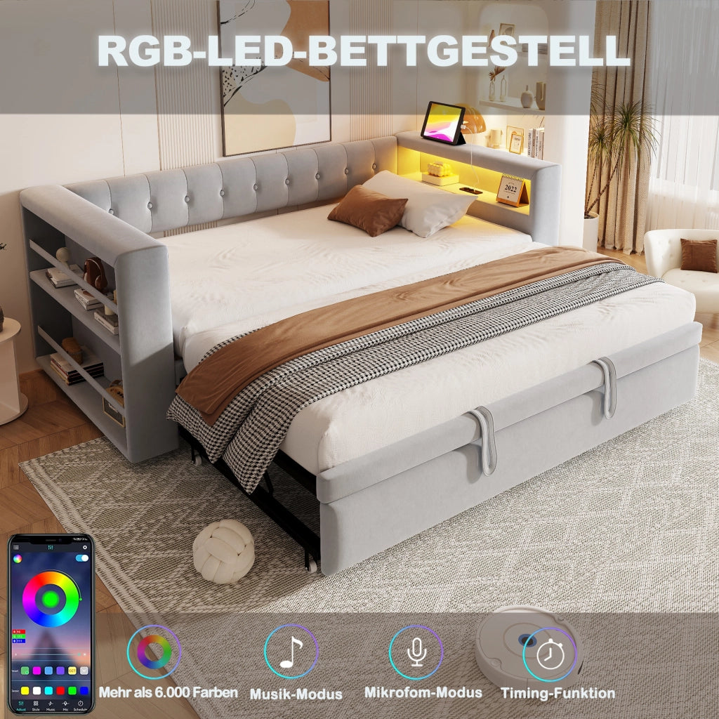 OKWISH Letto Divano 90×190 cm e 180×190 cm, Letto Singolo con LED Multicolore, Prese e Contenitori, senza Materasso, Grigio Chiaro