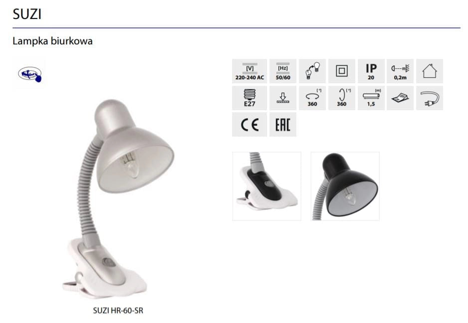 Lampada da scrivania Kanlux SUZI 7153 rosa con clip E27 40W