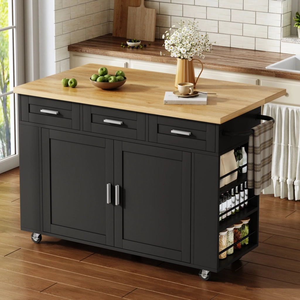 Isola cucina mobile 120x45/70x84 cm con piano ribaltabile; prese USB e ruote HOMVRA