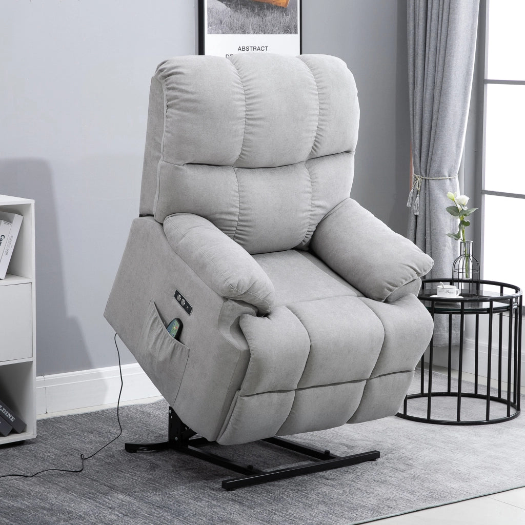 Poltrona relax rialzabile con alzata assistita schienale reclinabile a 160° USB e tasca laterale in poliestere grigio
