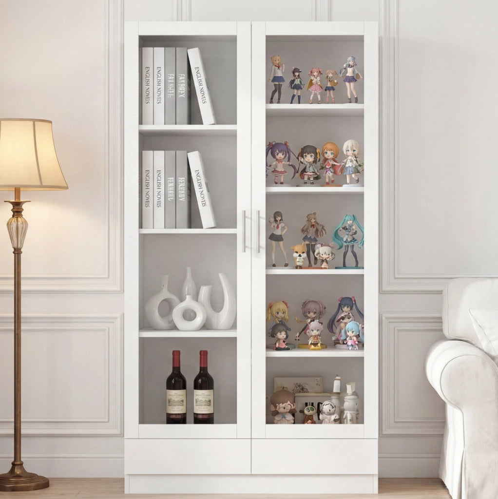 Vetrina 80x40x160 cm in MDF e vetro bianco con 2 cassetti e ripiani