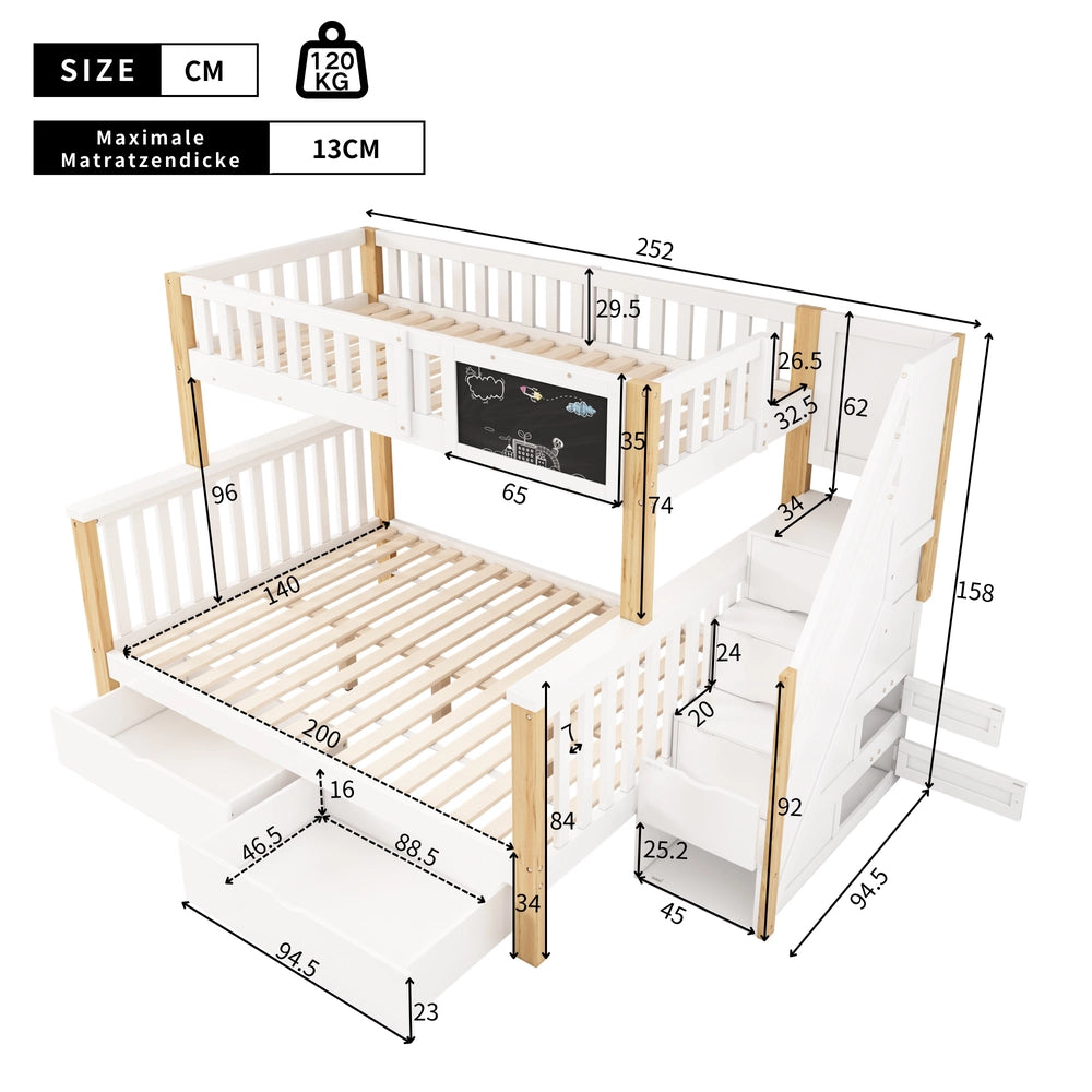 Letto a Castello Bambini con Cassetti e Lavagna ¨C Xylo ¨C Bianco/Rovere, 90x200+140x200