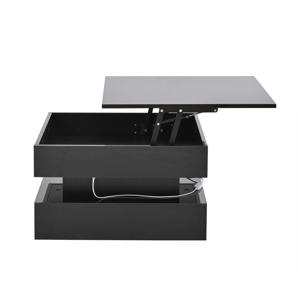 Tavolino da Salotto con LED e 2 Cassetti ¨C MINIMAL ¨C Nero Lucido 65x65x38.5