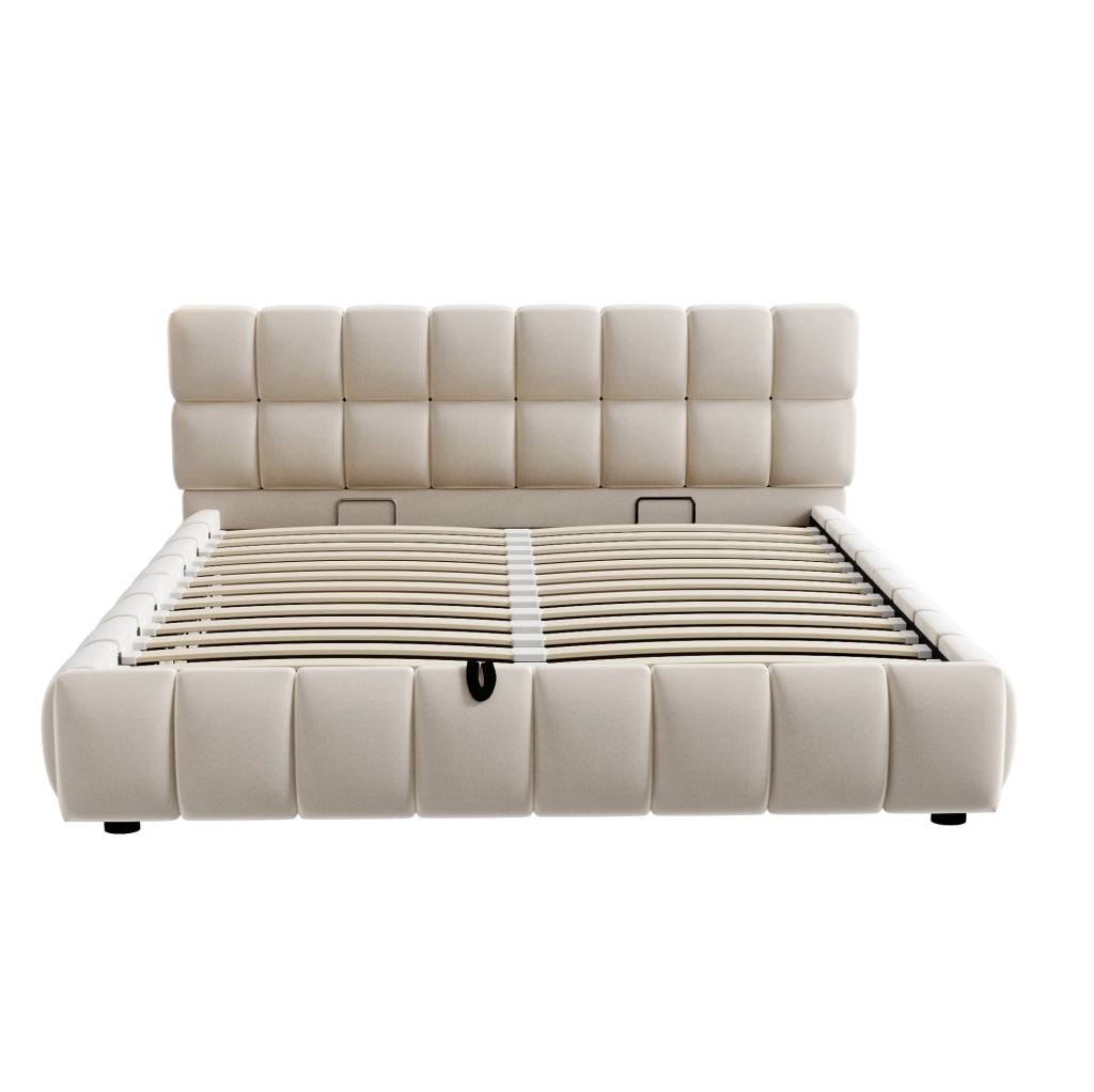 Letto matrimoniale imbottito 140x190 cm in velluto beige con contenitore idraulico