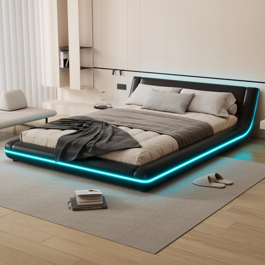 Letto basso a pavimento 140 x 200 cm in PU, luce ambiente LED - Nero