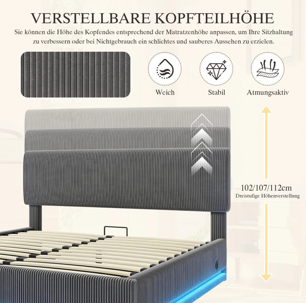 Letto imbottito moderno 160x200 cm con illuminazione LED, testiera regolabile e tessuto in velluto a coste grigio