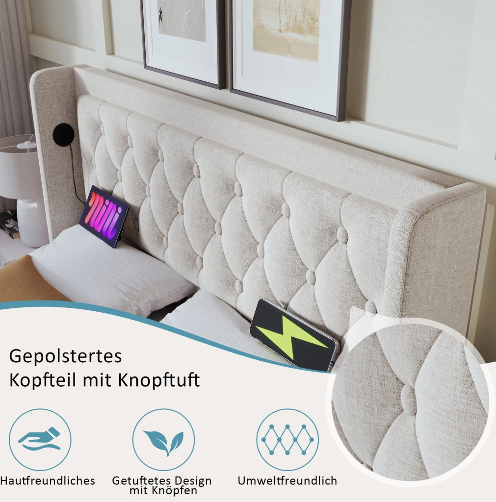 Letto contenitore beige 140 x 200 cm con LED, ricarica USB e Tipo-C