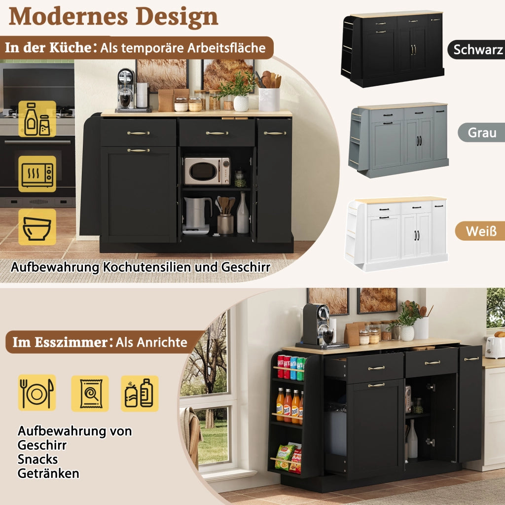 Credenza da cucina con vano pattumiera, ripiani aperti per spezie e vani contenitore, nera in MDF, 133.5 × 40 × 86 cm