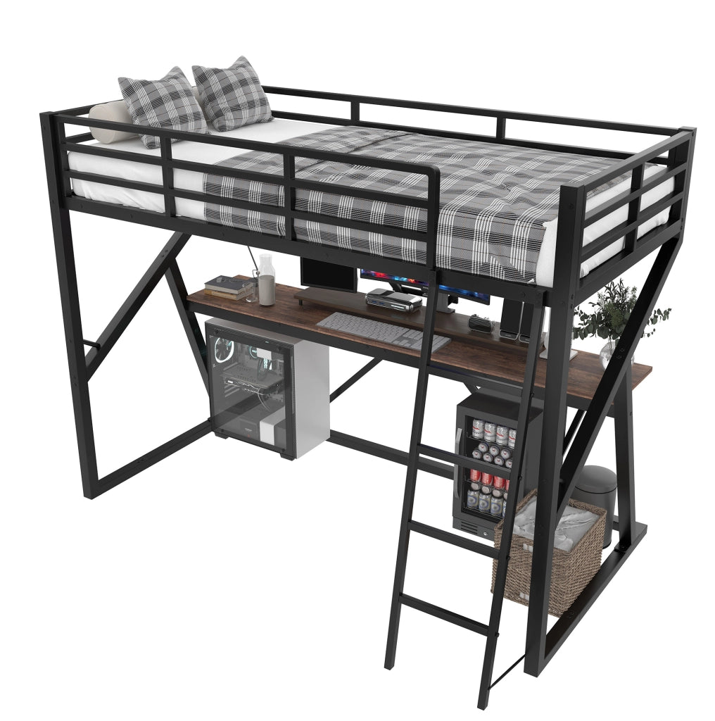 Letto a soppalco nero 90 x 200 cm con scrivania e luci LED