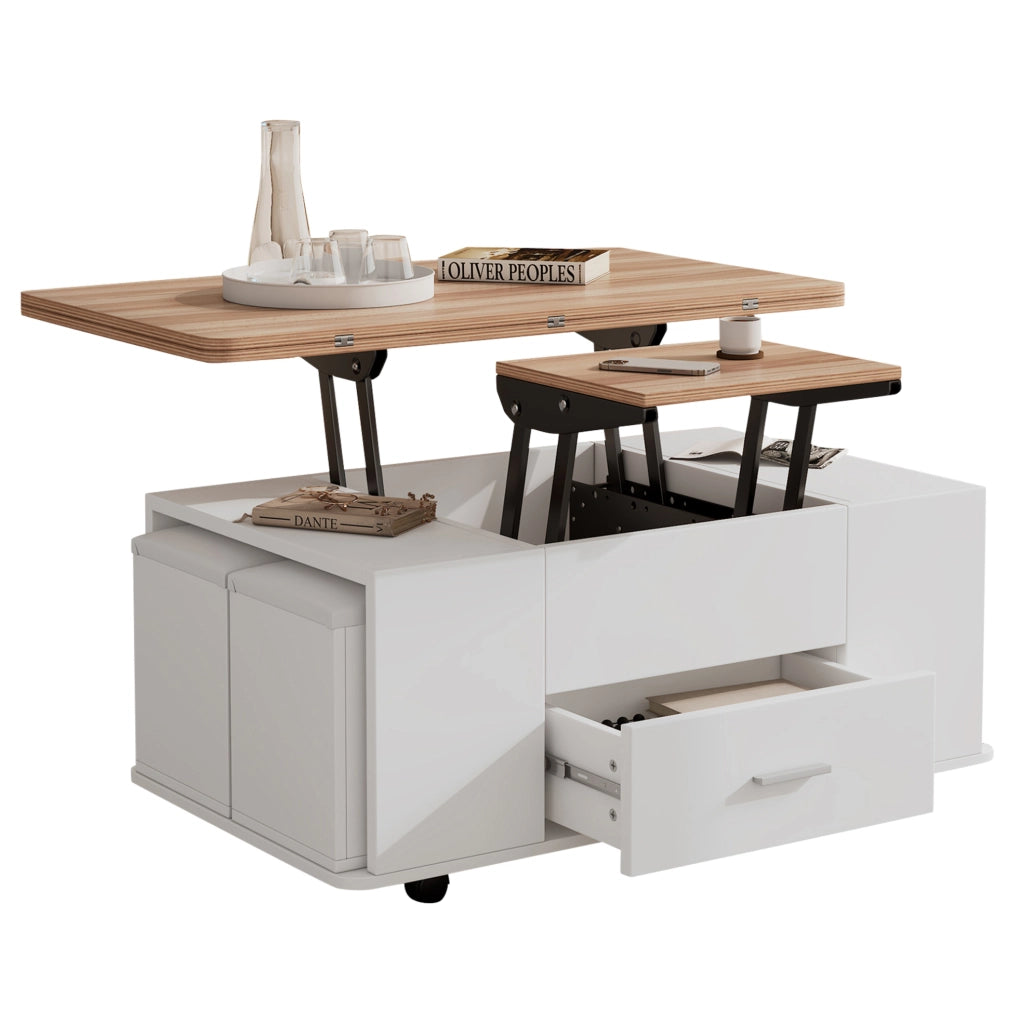 Tavolino trasformabile 100 x 50 x 45 cm bianco e legno, 4 sgabelli