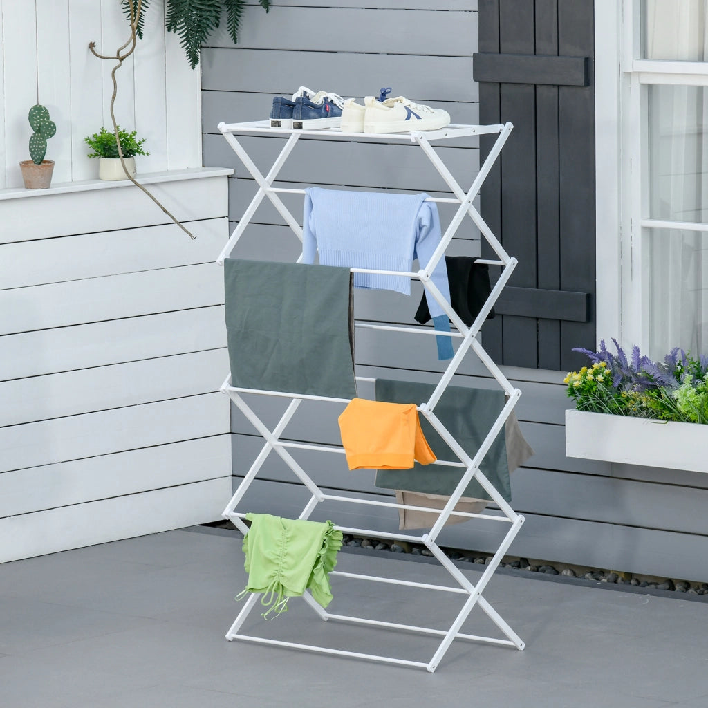 Stendino verticale pieghevole a 8 livelli con 10 aste e ripiano superiore bianco 74 × 35 × 144 cm