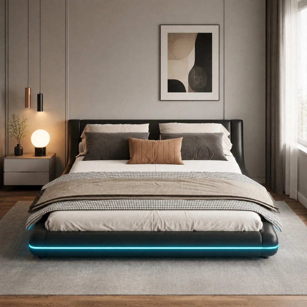Letto a pavimento 160x200 cm nero in PU e MDF, LED regolabili con app, senza materasso