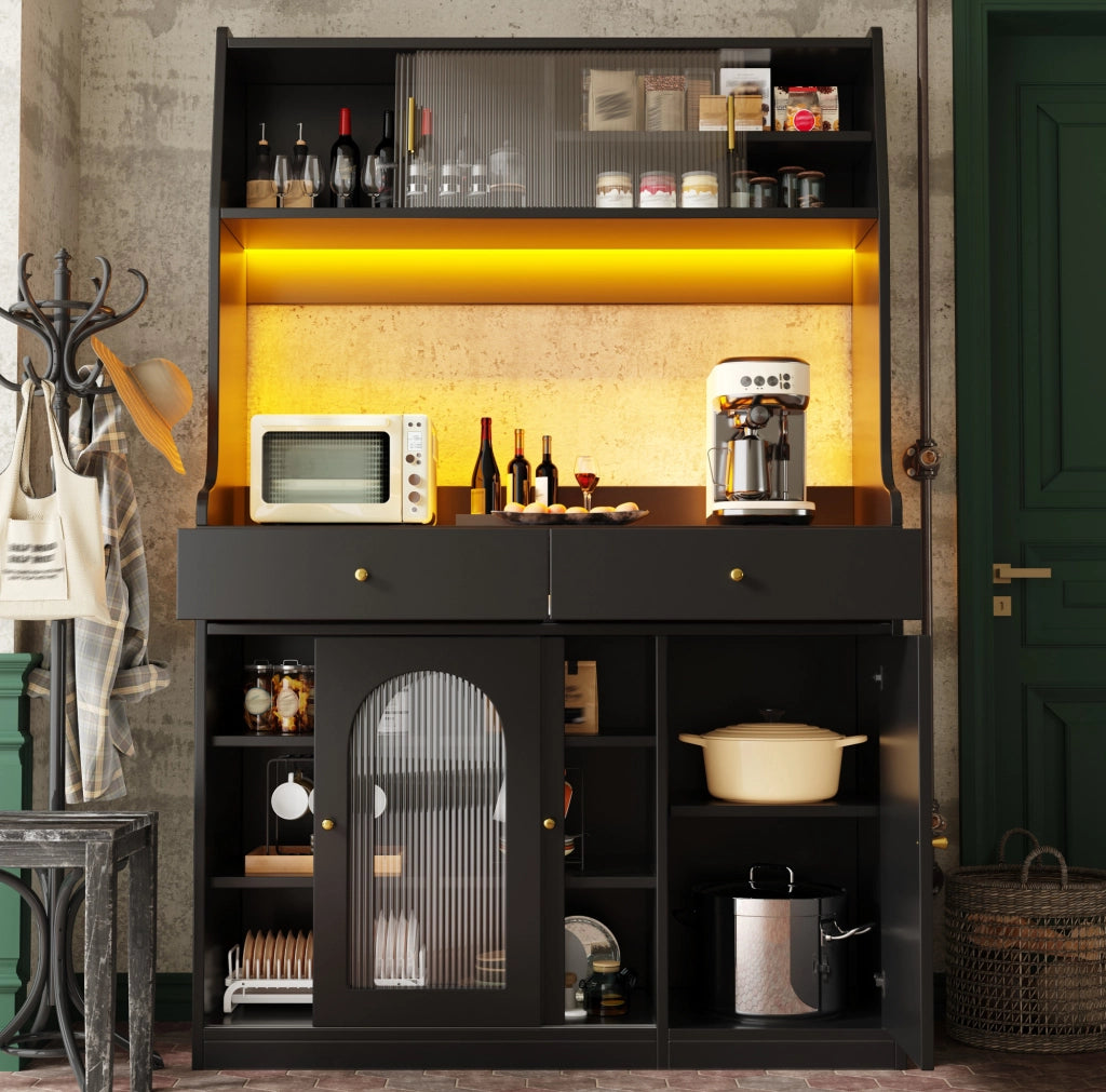 Buffet Cabinet con LED regolabile, 120x40x180 cm, MDF e PB, nero, 2 cassetti e ripiani regolabili