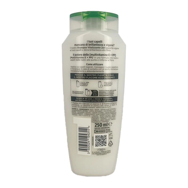 L'OREAL PARIS ELVIVE SHAMPOO MULTIVITAMINICO VITALIZZANTE 2 IN 1 CON MULTIVITAMINE E + PP PER CAPELLI NORMALI 250 ML