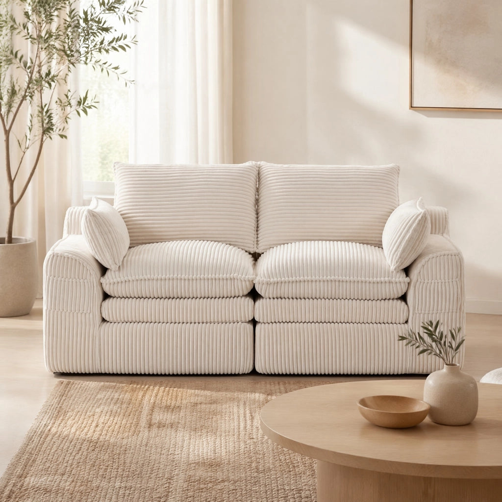 Divano 2 posti in velluto a coste beige con tasche laterali e cuscini