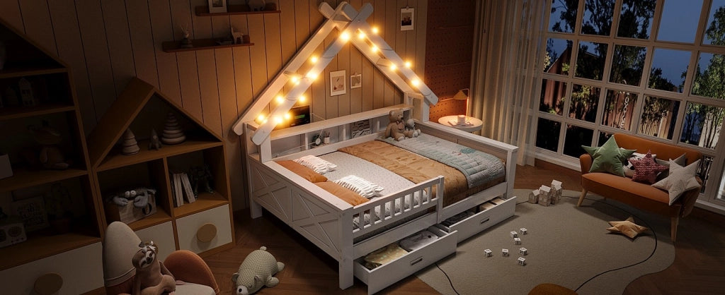 Letto a piattaforma in legno a forma di casa 140x200 cm con illuminazione LED, ripiani e cassetti, bianco