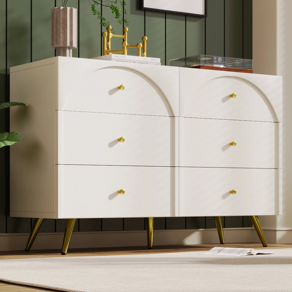 Cassettiera 6 cassetti con frontali arcuati in legno e metallo colore bianco crema per camera da letto e soggiorno