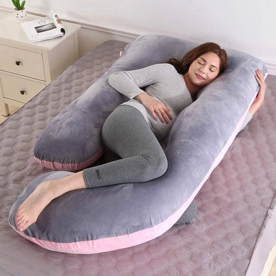 Cuscino Maternità Grande a forma di J - Cuscino del Corpo Completo - Confezione Rimovibile in Velluto - Supporto per Schiena Cosce Gambe Pancia - Grigio+Rosso Velluto