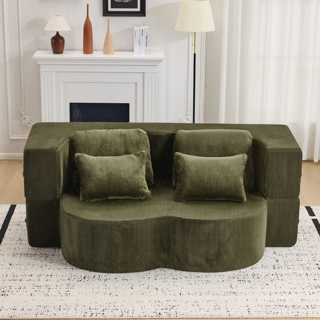 Divano letto pieghevole 2 in 1 con 4 cuscini, funzione materasso per ospiti in tessuto peluche verde