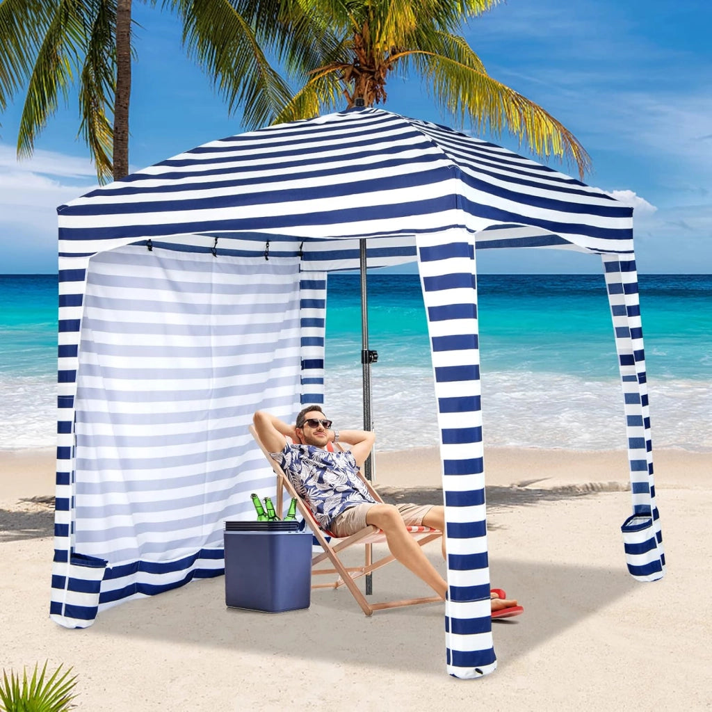 Tenda da Spiaggia Pieghevole 183 x 183 cm, Tenda da Mare con Borsa di Trasporto, Parete Removibile e 8 Tasche per Sabbia, per Spiaggia, Campeggio e Picnic (Blu e Bianco, 183 x 183 cm)