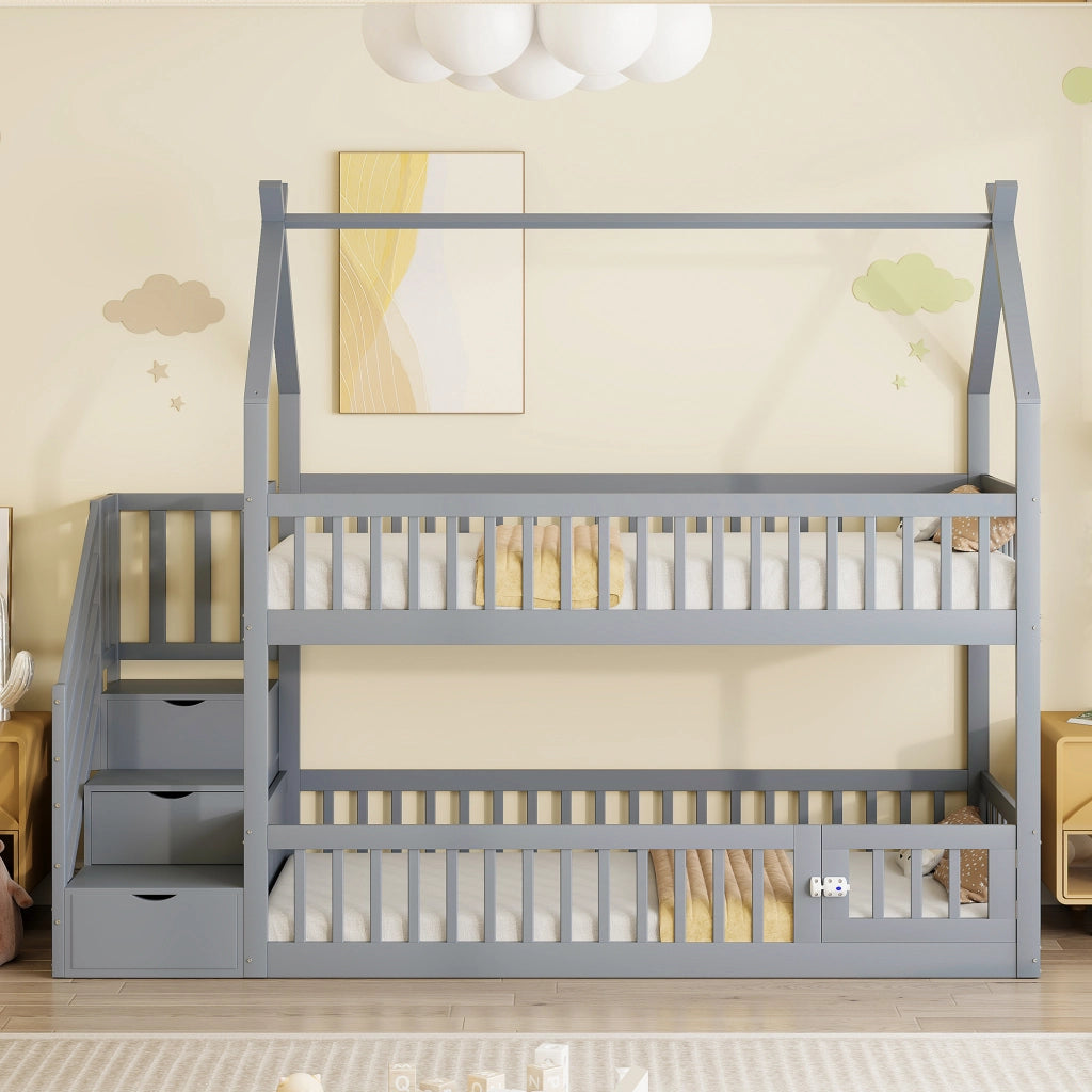 Letto a castello 90x200 in legno massello grigio con tetto e scale di sicurezza
