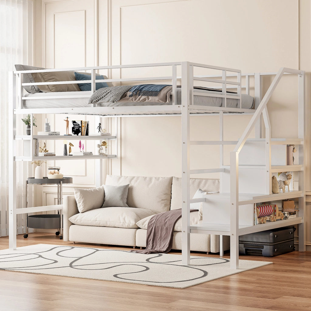 Letto a Soppalco 140x200 cm in metallo con Ripiani Bianco