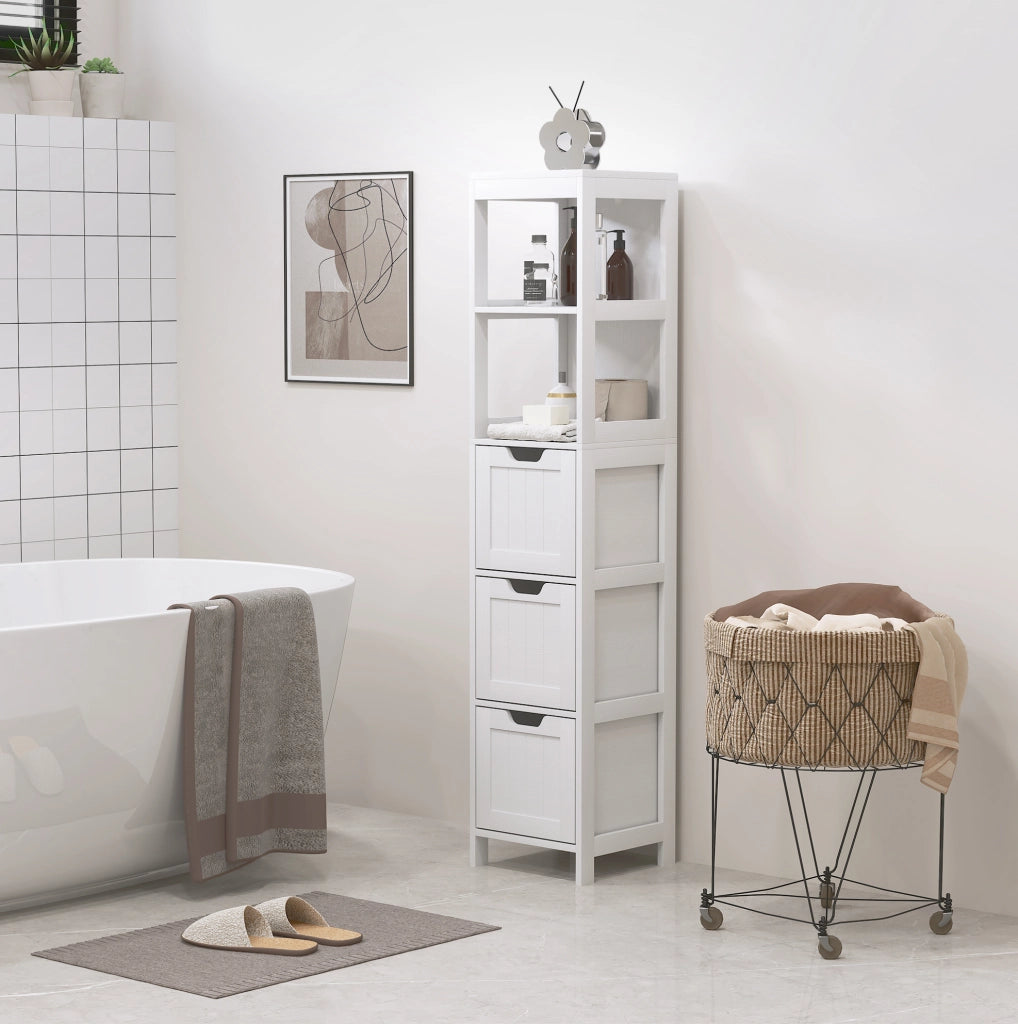 Mobiletto da bagno alto bianco con 3 cassetti e 2 ripiani aperti, 30x30x142,4 cm