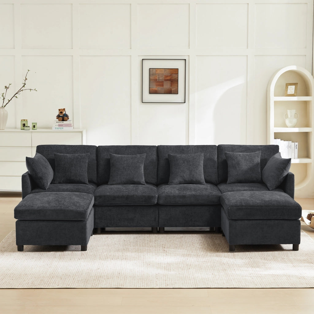 Divano modulare 4 posti configurabile a U o L con 2 pouf e 6 cuscini in chenille grigio, 278 × 161 × 81 cm