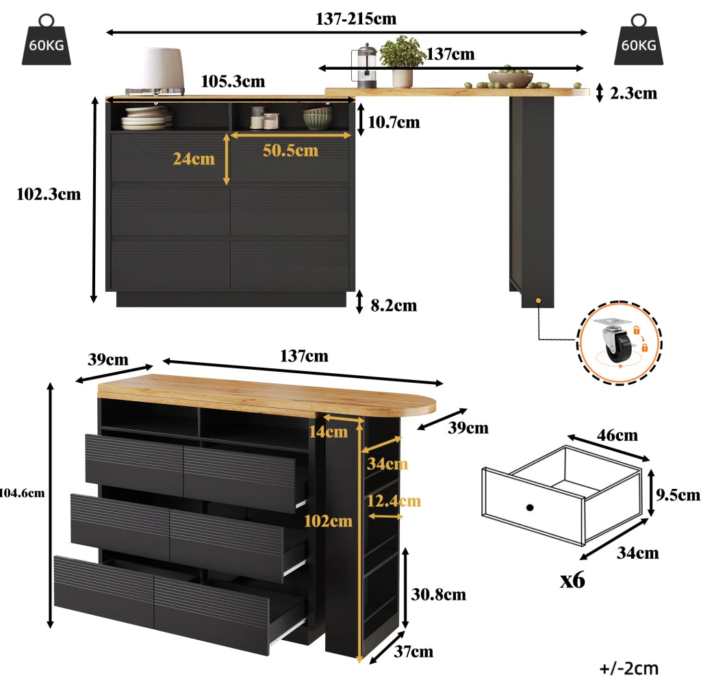 Tavolo bar estraibile con 6 cassetti e ruote, 137-215 cm in MDF nero per cucina e soggiorno