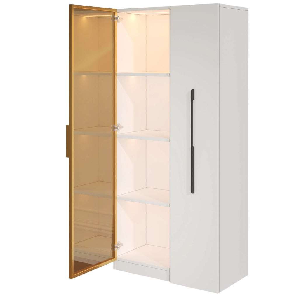 Vetrina 70x40x160 cm in MDF bianco con ante in vetro colorato; LED e modulo estraibile