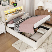 Letto imbottito 90x200 cm in velluto beige con contenitore; LED; USB e Type-C