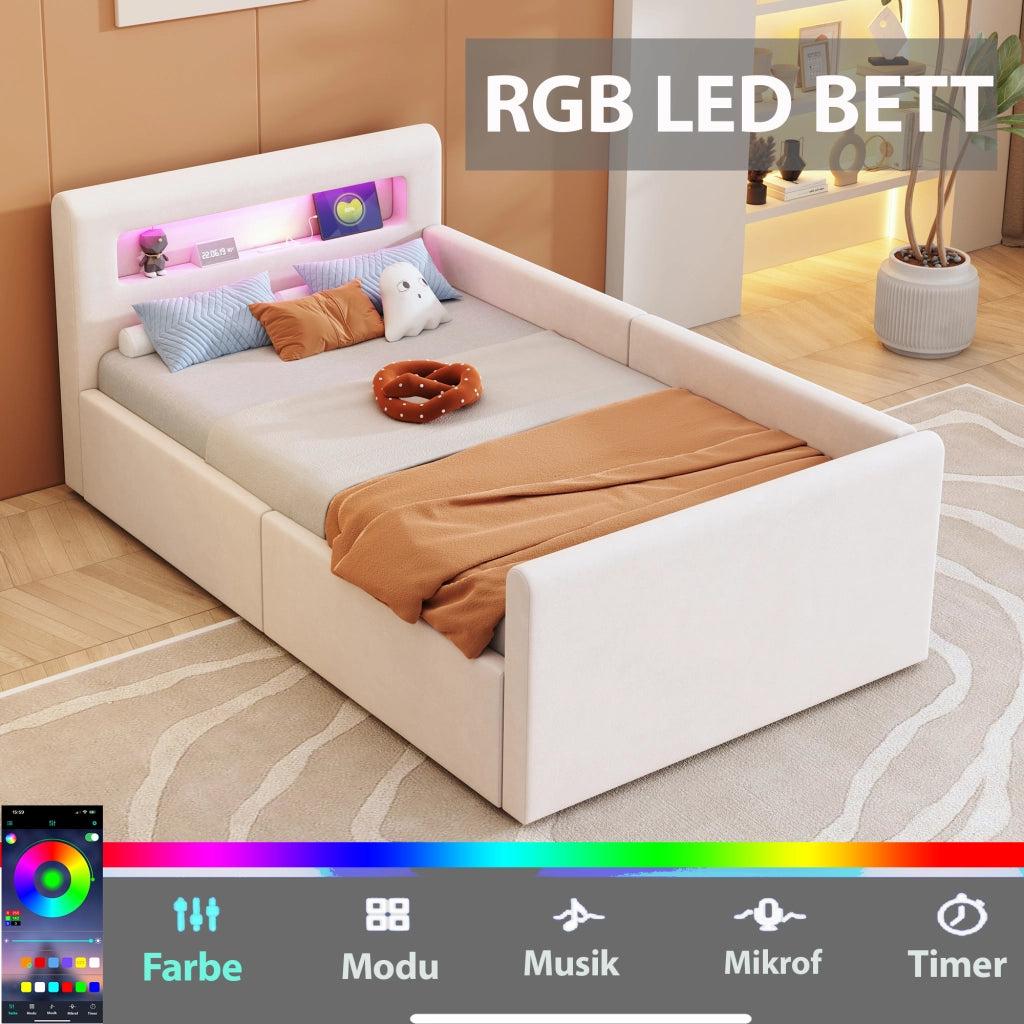 Letto singolo con contenitore 90 × 200 cm imbottito in velluto beige con LED; luce notturna; USB e rete a doghe