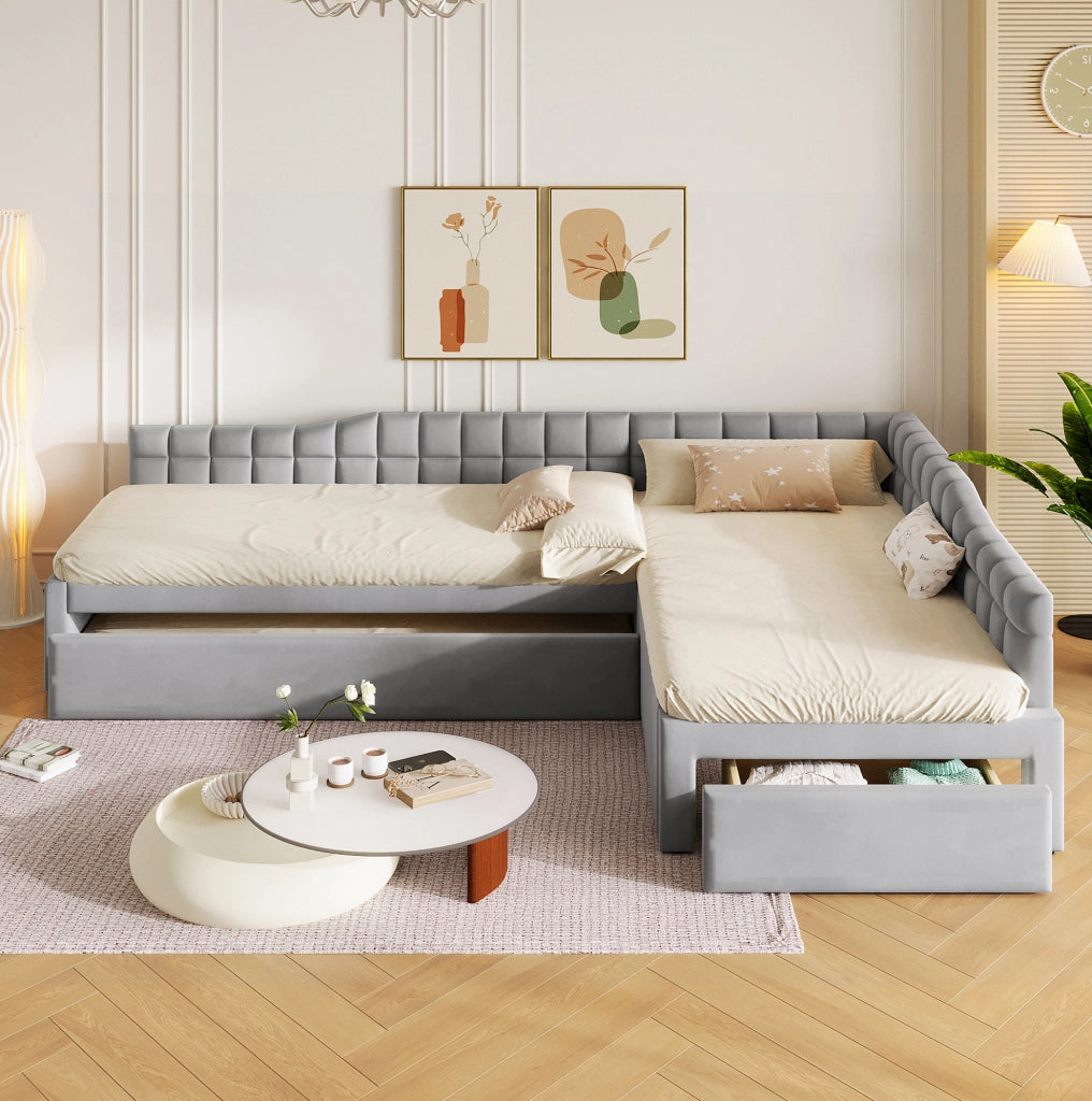 LETTO Imbottito a L 90x200 cm con Letto Estraibile e Cassetti Grigio