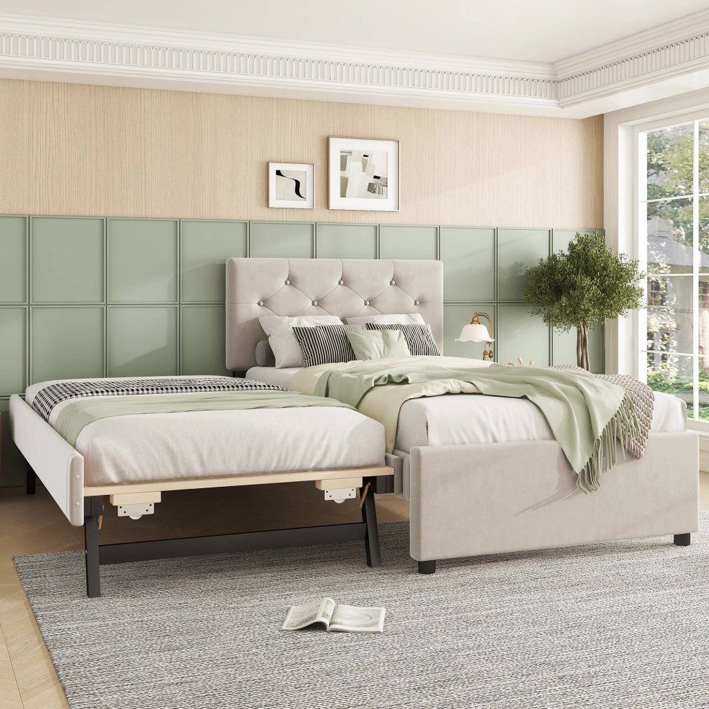 DESMIU Letto estraibile Letto singolo 90 × 200 cm 1 posto con letto aggiuntivo, senza materasso, velluto, beige