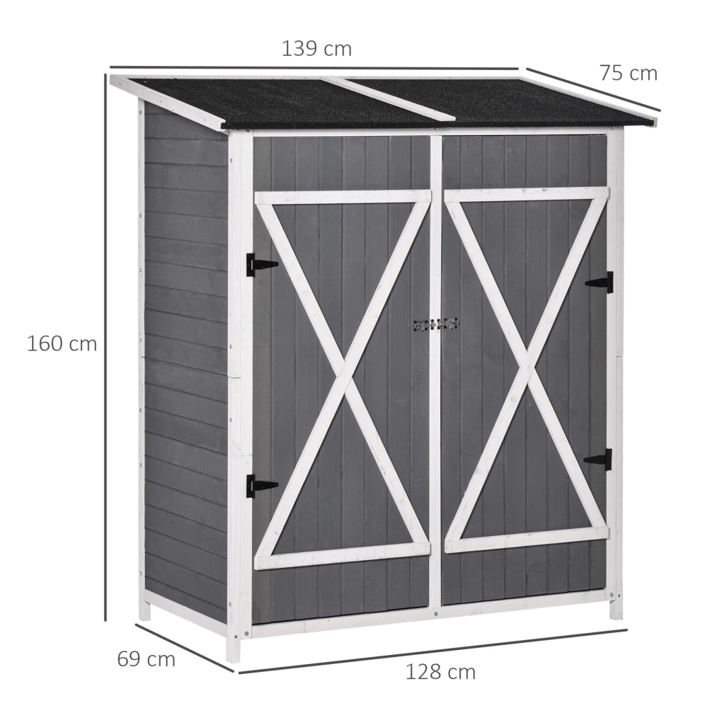Armadio da Giardino in Legno di Abete Grigio e Bianco con 2 Porte e Tetto Asfaltato 139x75x160 cm