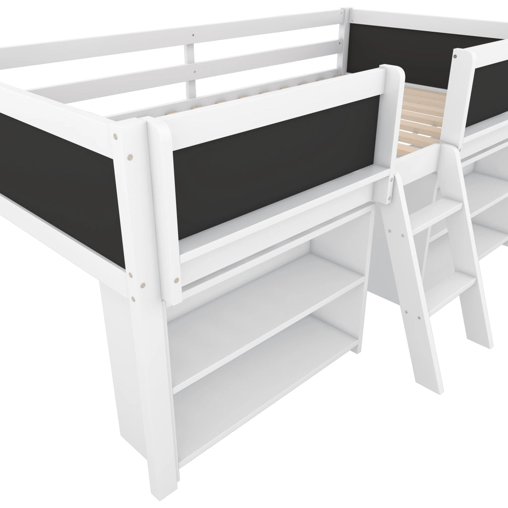 Letto a soppalco 90 × 200 cm con ripiani contenitori e scala in legno e MDF