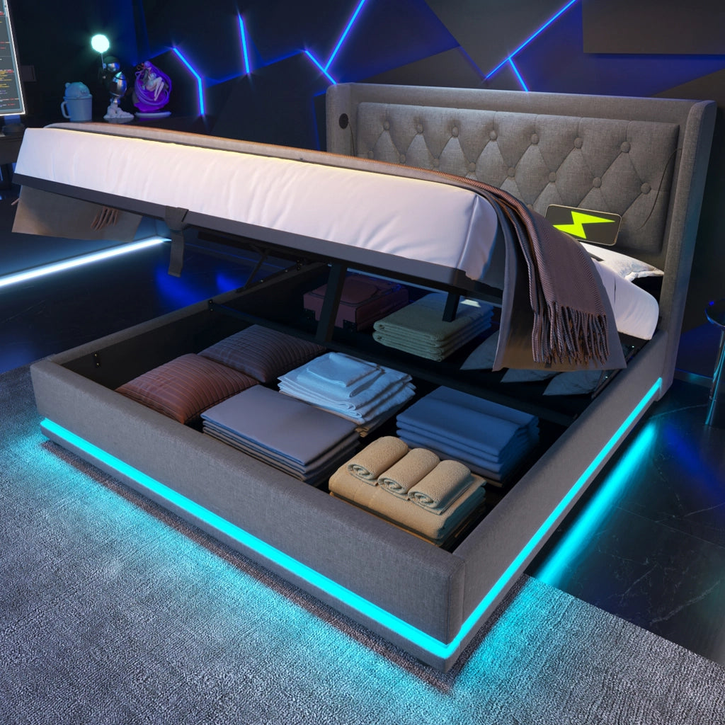 Letto matrimoniale 140 × 200 cm con contenitore idraulico LED USB e USB-C testiera imbottita in cotone grigio