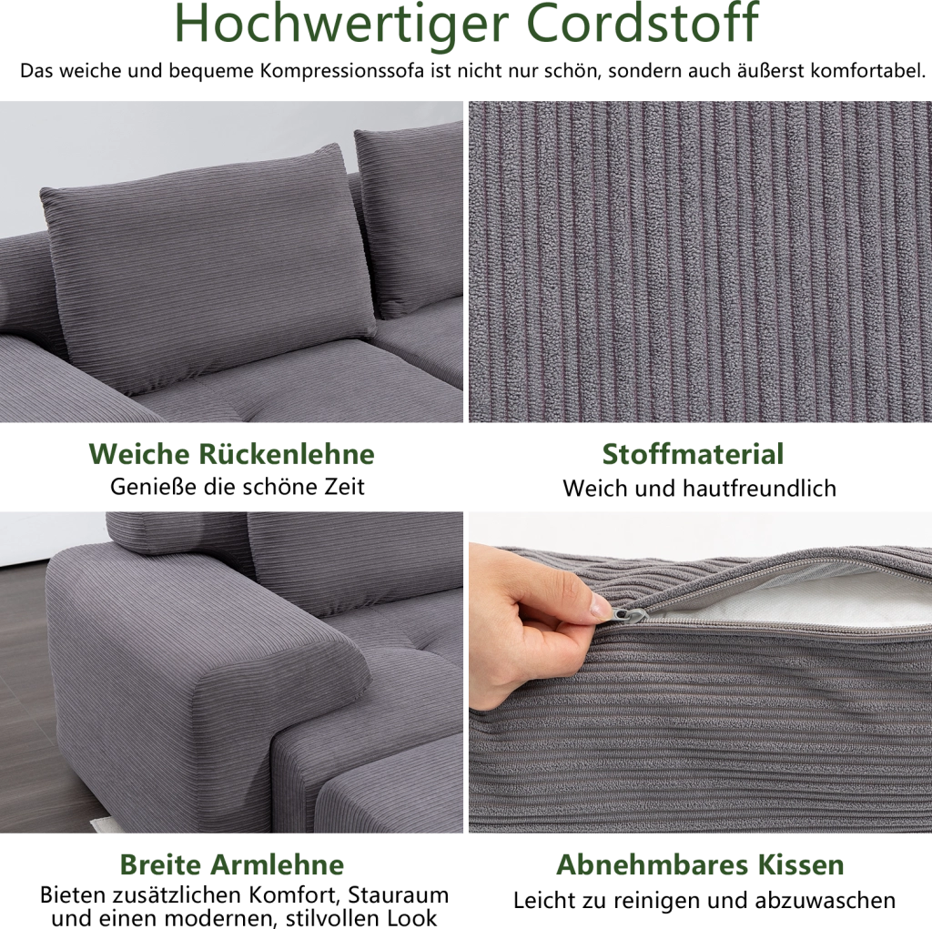 Divano angolare modulare senza telaio in tessuto a coste grigio scuro con pouf scorrevole e seduta profonda 63 cm