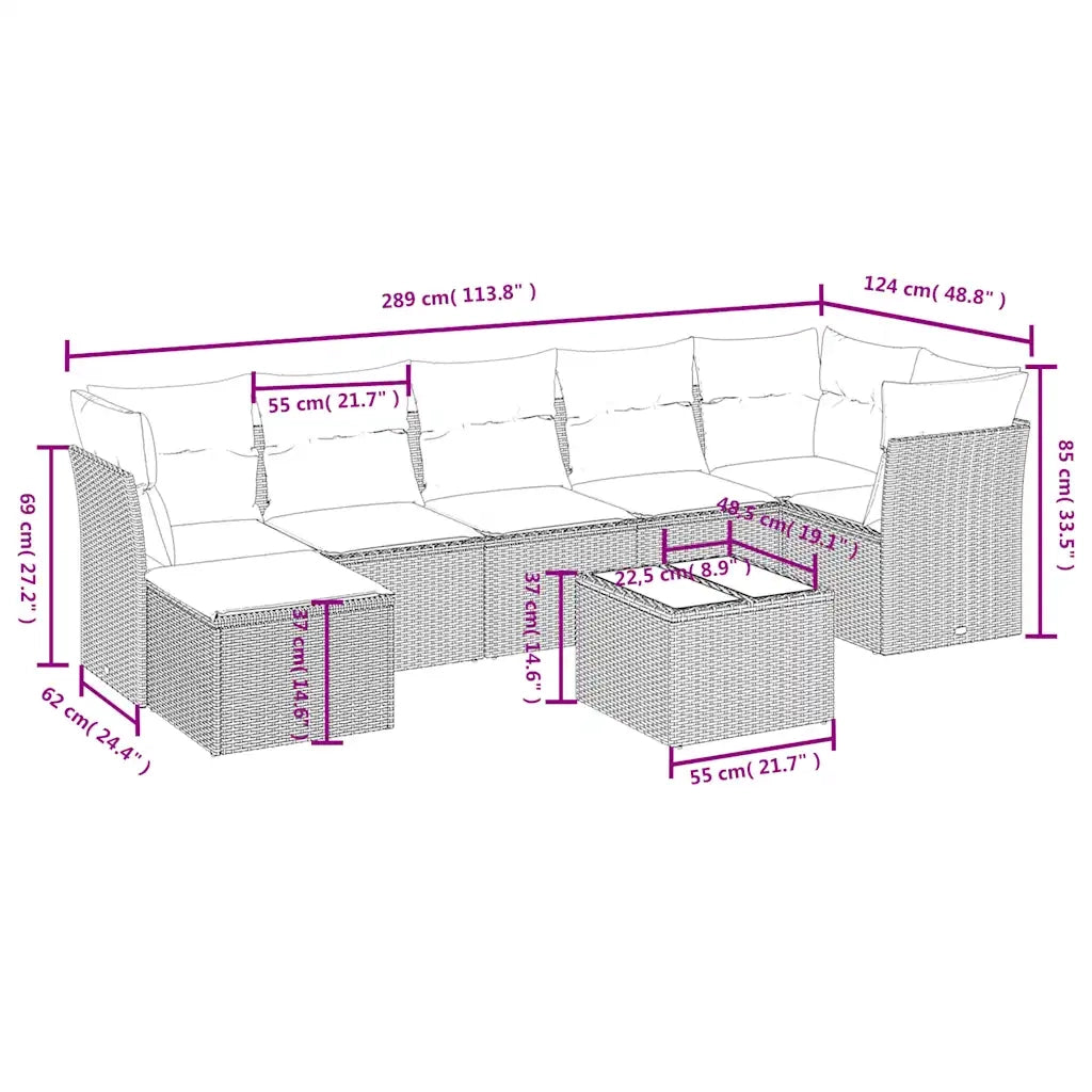 Set Divano da Giardino 8 pz con Cuscini Beige Misto Polyrattan