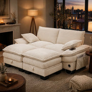 Sofa modulare 2 posti in corduroy con 2 pouf; USB-C; beige; 190x132x84 cm