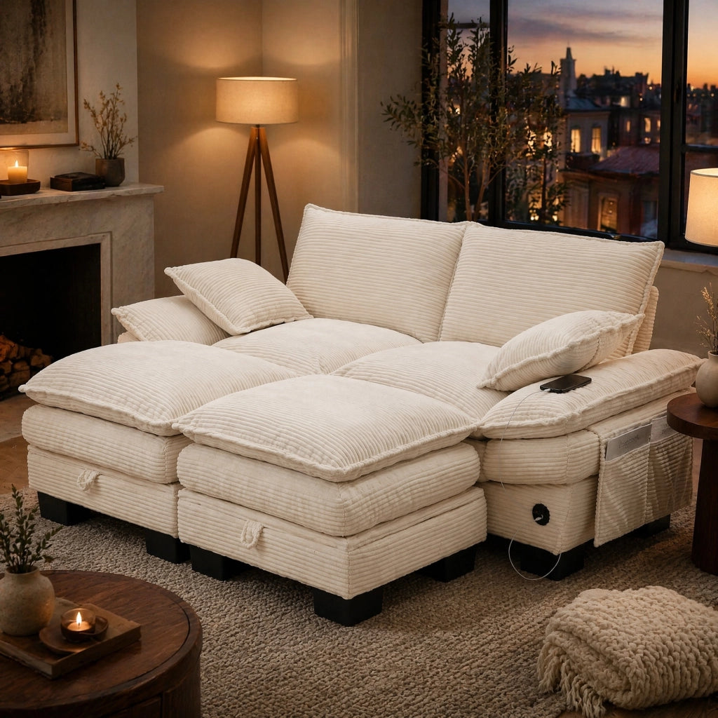 Sofa modulare 2 posti in corduroy con 2 pouf; USB-C; beige; 190x132x84 cm